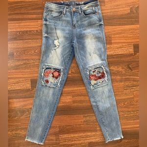 Vanilla Star Mid Rise Skinny Jeans Juniors 9 Distressed Floral Patches Denim